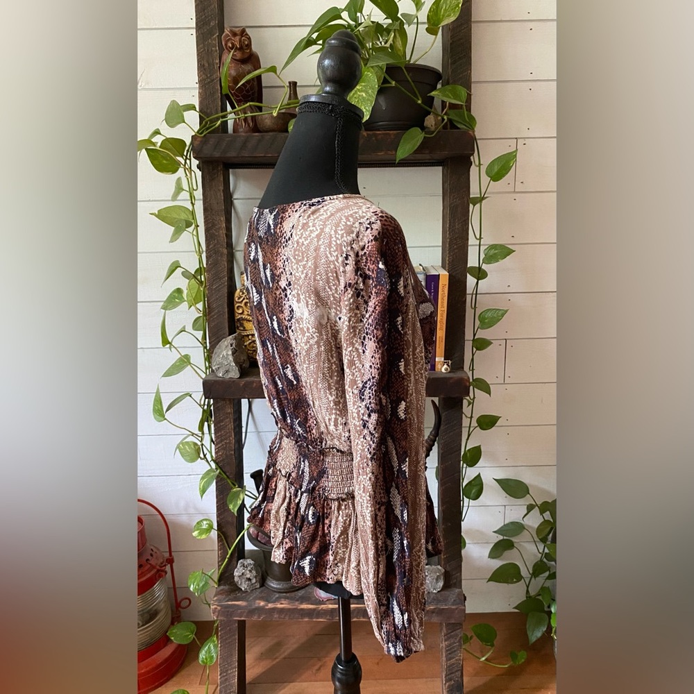 Angie: Brown, Black, Tan and White 100% Rayon Boho Snakeskin Blouse - Picture 14 of 17